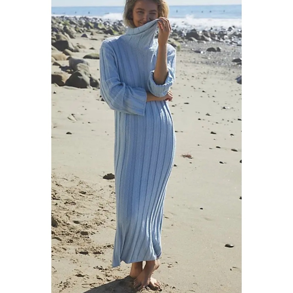 Free People Beach Wanda Sweater Dress Turtleneck Light Blue Ribbed Stretch XS